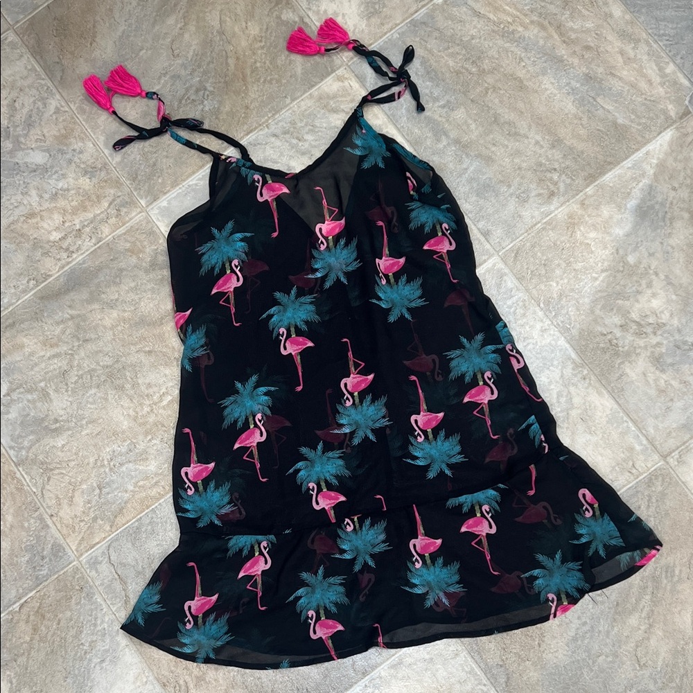 Flamingo Print Black Coverup Dress with Pink and Blue Accents